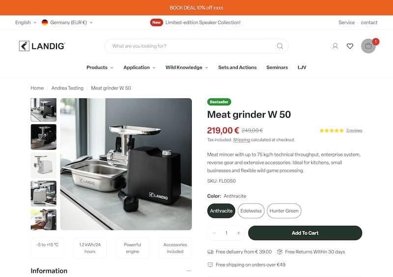 Landig-Produktseite für den Fleischwolf W 50 mit Sternebewertung neben dem Preis.