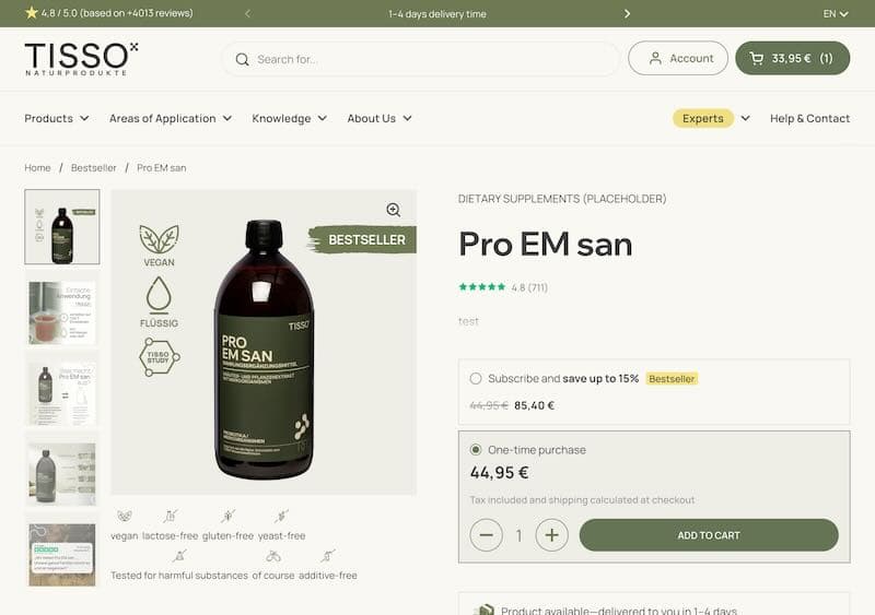 Tisso-Produktseite für Pro EM san mit Sternebewertung direkt unter dem Produkttitel.