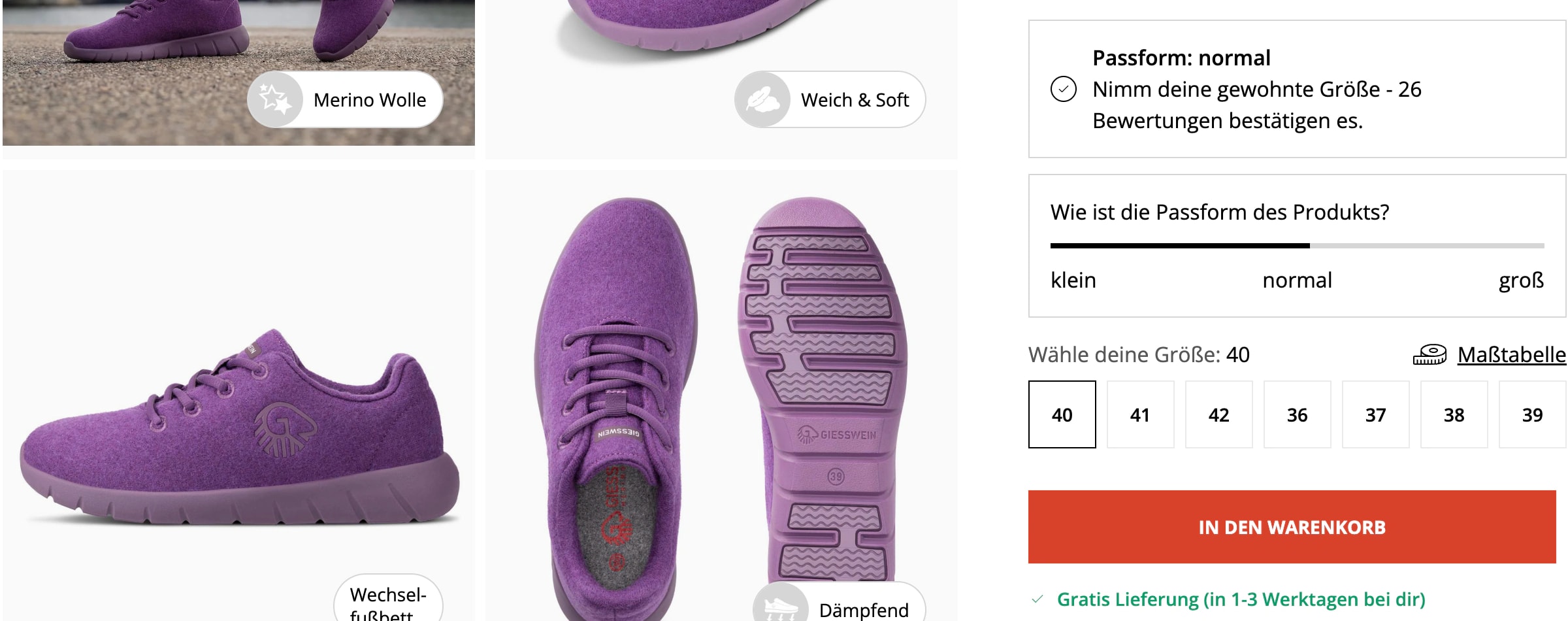 Fit advice and a scale based on customer reviews immediately above Giesswein’s size selector.