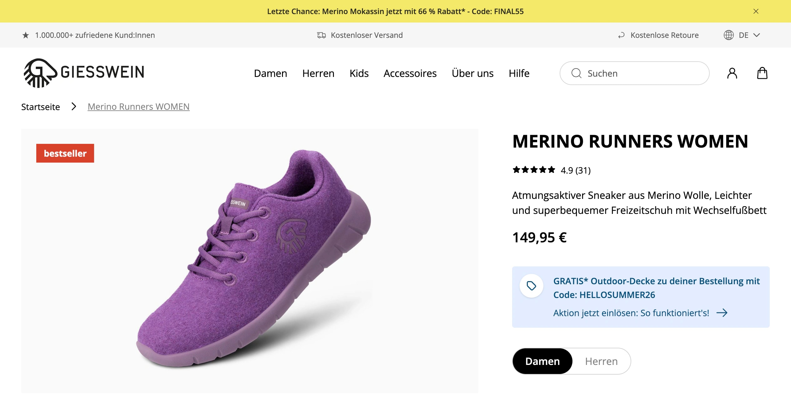 Giesswein Merino Runners WOMEN product page with a natively integrated product rating below the title.
