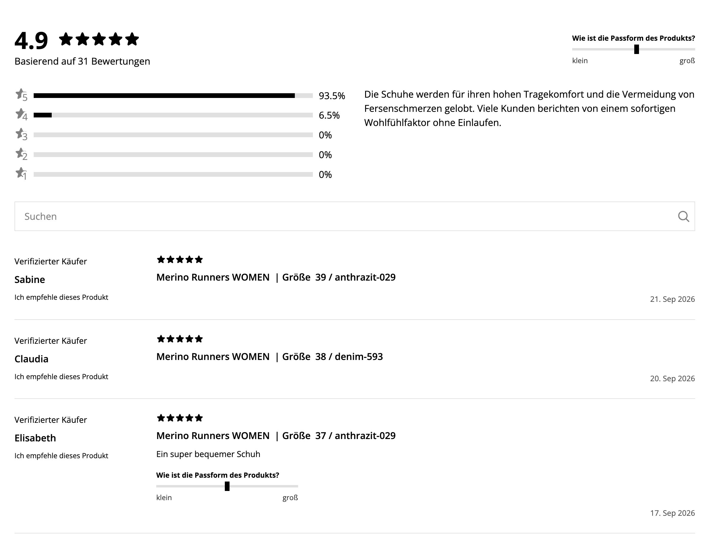 Giesswein product reviews with star distribution, a search field and fit information for each review.