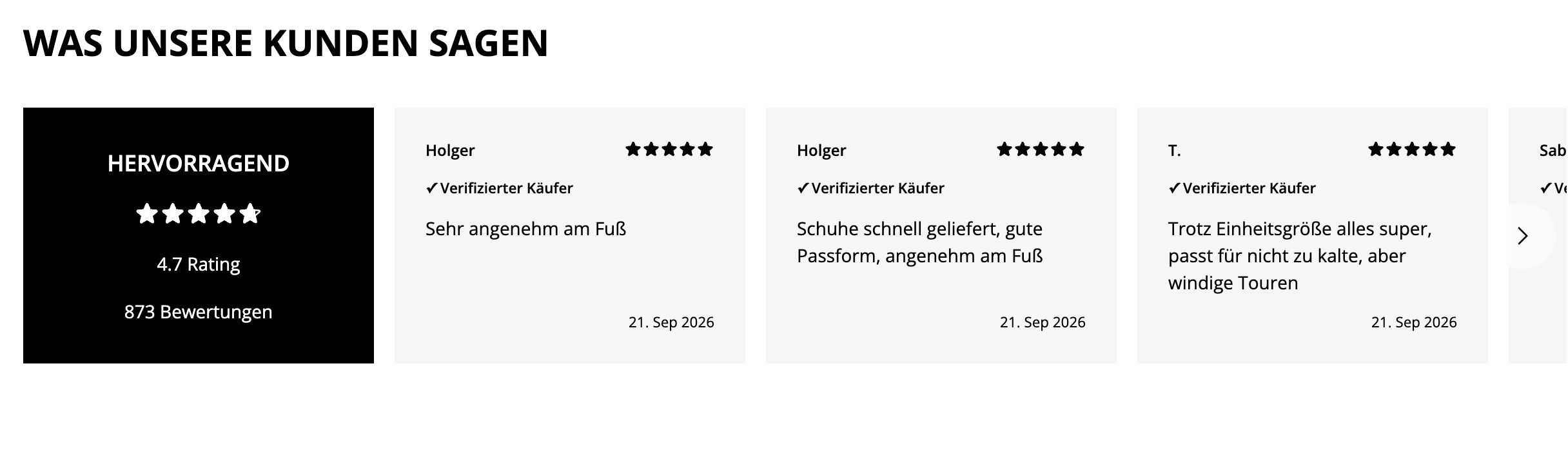 Giesswein review slider with a black summary card and horizontal review cards.