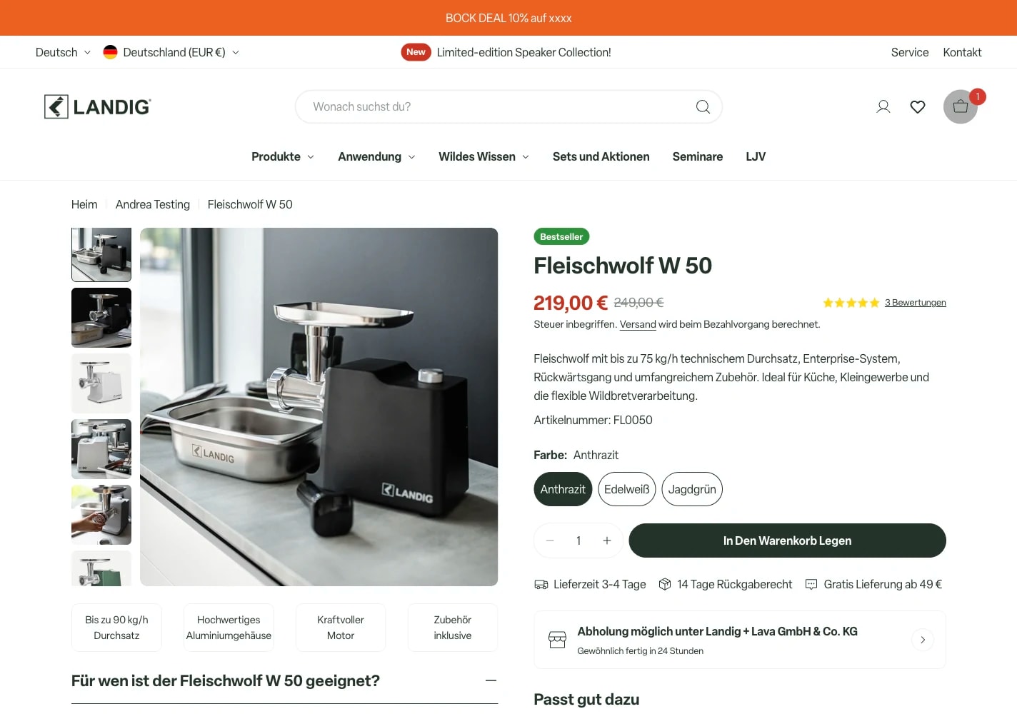 Landig's Fleischwolf W 50 product page with yellow rating stars and review count next to the price.