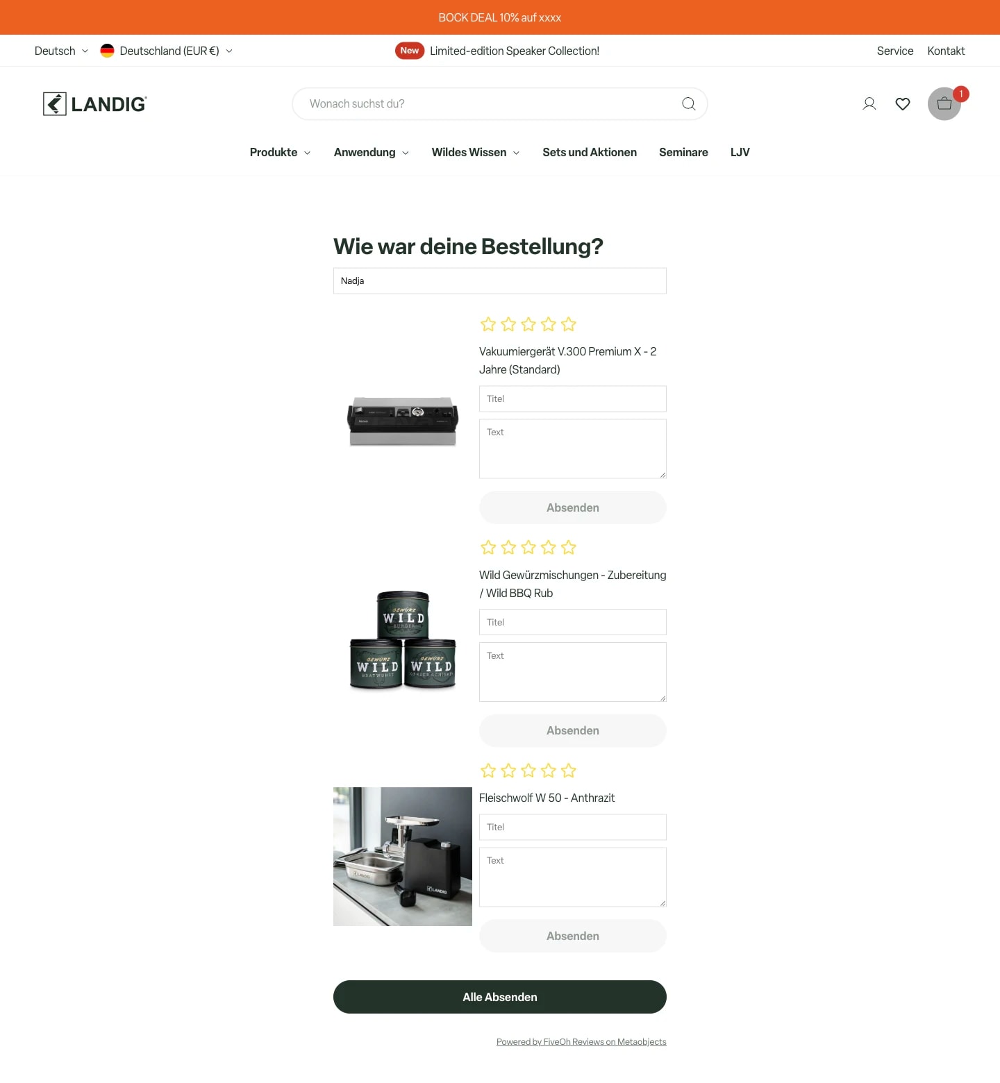 Landig post-purchase form with three ordered products, star ratings, title and text fields, and a button to submit all reviews.