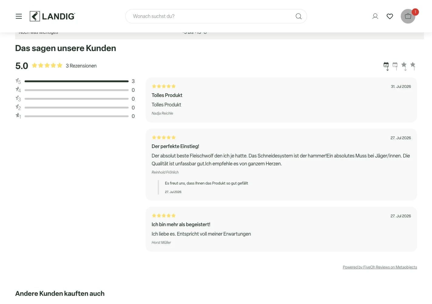 Landig review list with star distribution, sorting, reviews and a merchant reply, shown with test data.