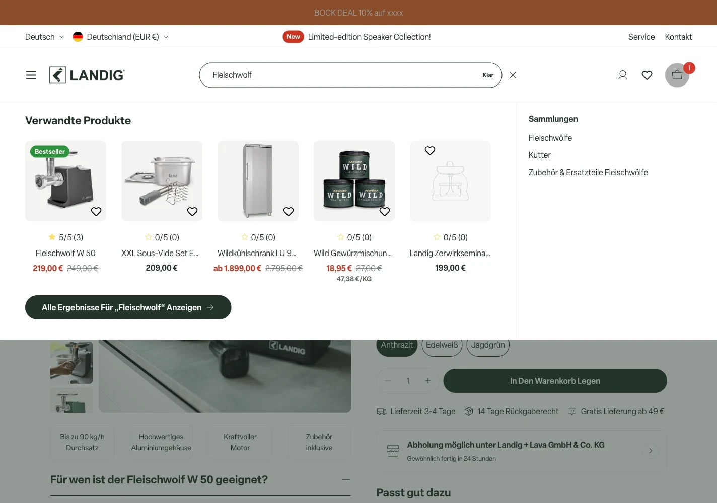 Landig predictive search for Fleischwolf, showing rating stars and counts in dynamically loaded product cards.