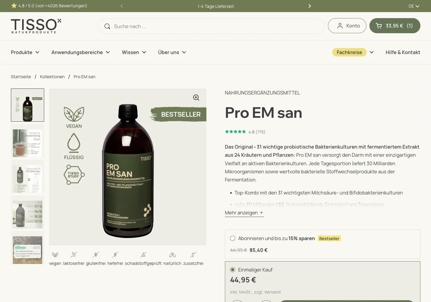 Tisso-Produktseite Pro EM san mit individuell integriertem Produktrating unter dem Titel und Shopbewertung in der Announcement-Bar.